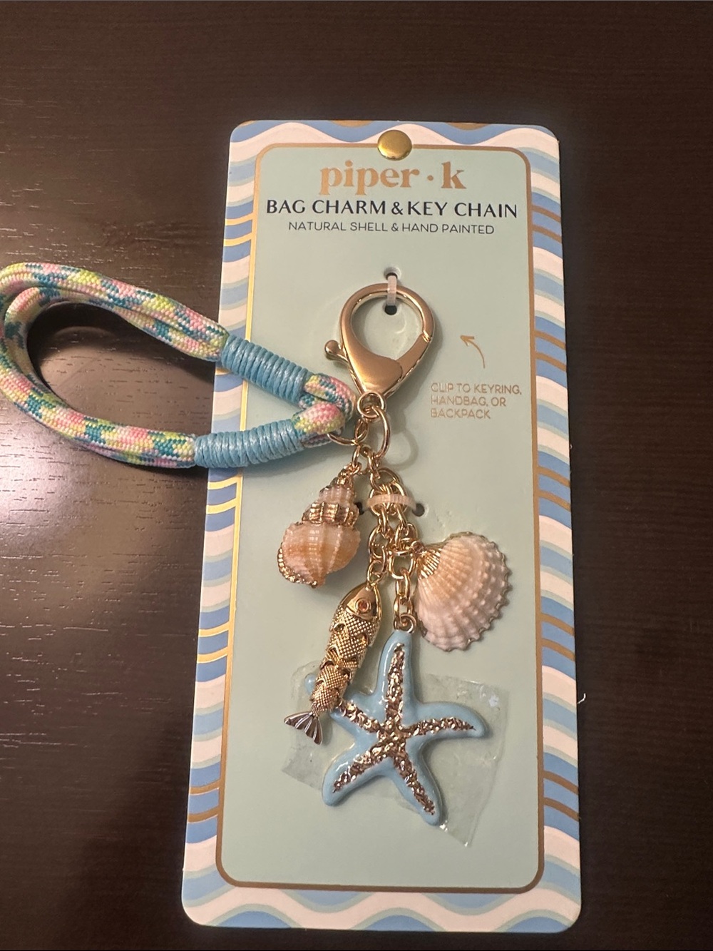 Piper K natural shell & hand painted bag charm and key chain